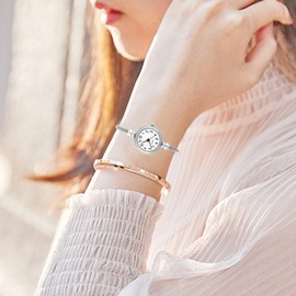 YUYTE Women Quartz Watches, Watch and Bracelet Set for Women, Female Analog Round Alloy Strap Open Bracelet Wristwatch for Ladies and Girls with Small Wrists (#04)