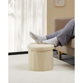 Bsketa® Ottoman with Storage， Foot Rest Stool with Thicker Foam Padded Seat Leather Small Round 14“ x 14” x 13 "Inchs Storage Ottoman Bench for Living Room Foldable Pouf Coffee Table 2 Pack，Beige