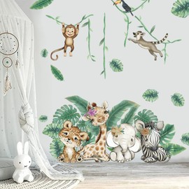 SMAOSTORE Forest Animals Elephant Monkey Vine Banana Leaf Sticker Stylish Tropical Plants Jungle Animals Kids Room Bedroom Kindergarten Classroom Background Wall Waterproof Removable Wall Paper