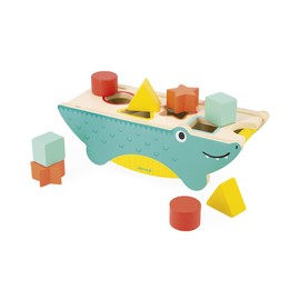 Janod - Crocodile Shape Sorter Tropik - Wooden Development Toy - Educational Toy Shapes and Colours - 8 to Plug in - FSC Certified - Watercolour - From 1 Year, J08267