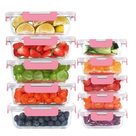 KOMUEE 10 Pack Glass Food Storage Containers, Meal Prep Containers with Lids, Airtight Glass Lunch Boxes, Freezer, Oven, and Microwave Safe, Pink
