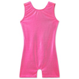 TENVDA Gymnastics Leotards for Girls 5-6 Years Old Sleeveless Biketard with Shorts Sparkly Glitter Hot Pink Tumbling Unitard