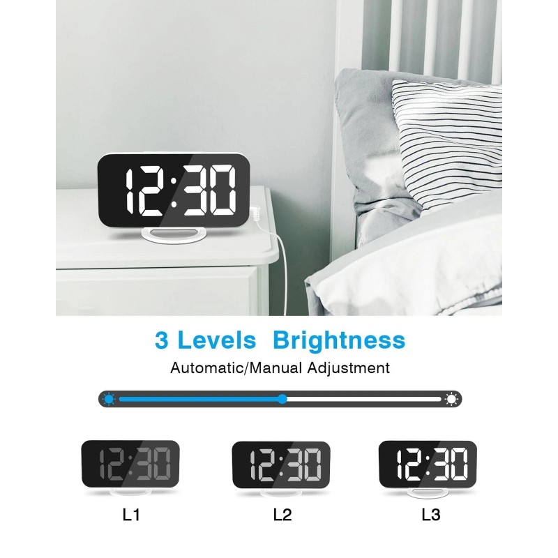 Poeroa Digital Alarm Clock,7" LED Mirror Electronic Clocks,with 2 USB