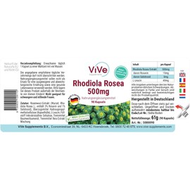 Rhodiola Rosea Extrakt 500 mg - 90 Kapseln - 3% Rosavin und 1% Salidrosid - hochdosiert und vegan | Qualität aus Deutschland von ViVe Supplements