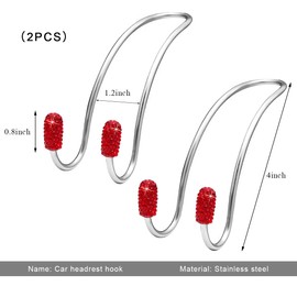 NYTKL 2PCS Car Headrest Hook, Bling Diamond Auto Hooks Stainless Steel Backseat Hangers, Universal Rhinestone Cute Seat Back Organizer Hanger for Purse Bag Clothes, Car Accessories (Red)