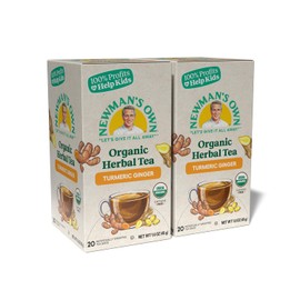 Newman's Own Organic Turmeric Ginger Herbal Tea Caffeine- May Aid Digestion and Boost Immunity Turmeric Tea with 20 Individually Wrapped Tea Bags Per Box (Pack of 2) USDA Certified