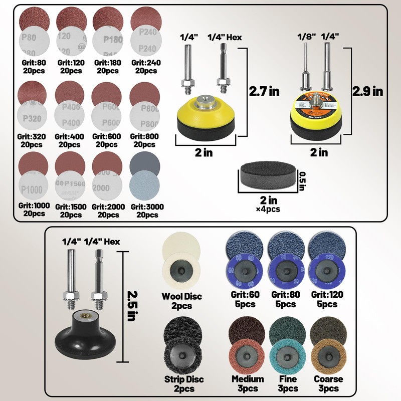 275pcs 2inch Sanding Discs Pad Kit with 1/8"&1/4" Shank Backer