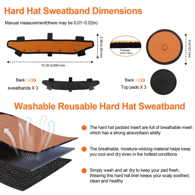 Hard Hat Top Pads and Sweatbands for Safety Helmet, Washable