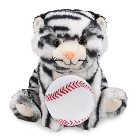 DolliBu Squat White Tiger Stuffed Animal with Baseball Plush - Soft, Huggable Tiger, Great Gifts for Kids Who Love Baseball, Cute Wild Animal Plush with Plush Baseball Toy for Kids, Adults - 8 Inches