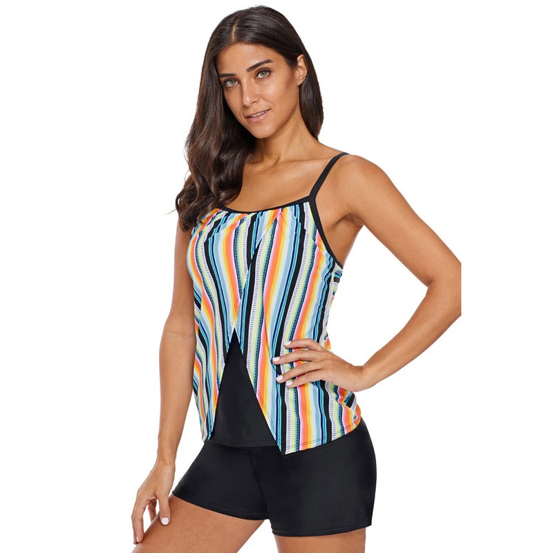 Fashionable Women Surf Clothing Rainbow Striped Sling Single Piece Set