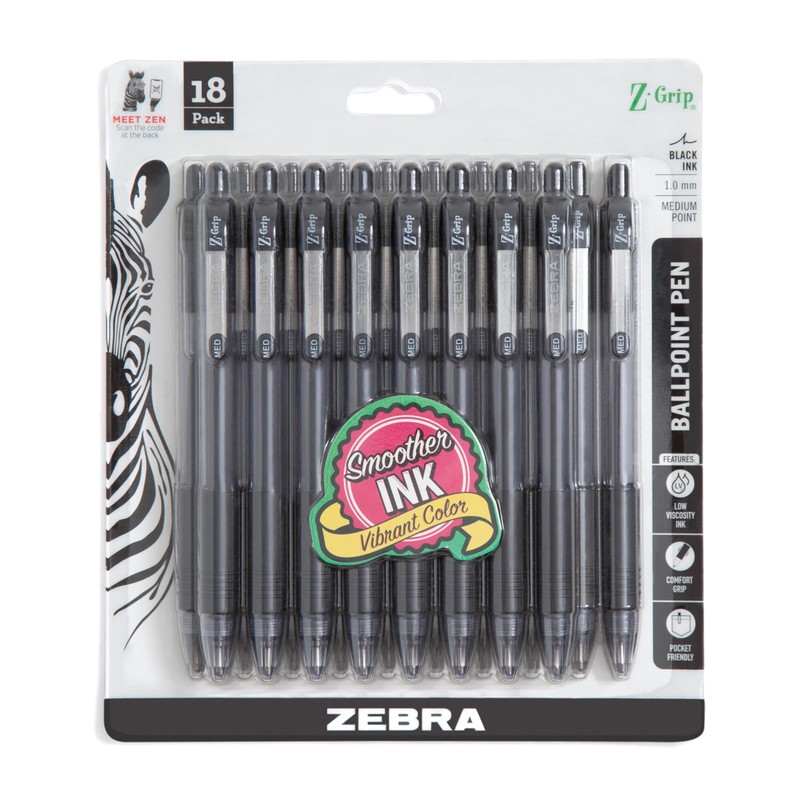 Zebra Pen Z-Grip Retractable Ballpoint Pen, Smooth-Flowing Black Ink, 1.0mm