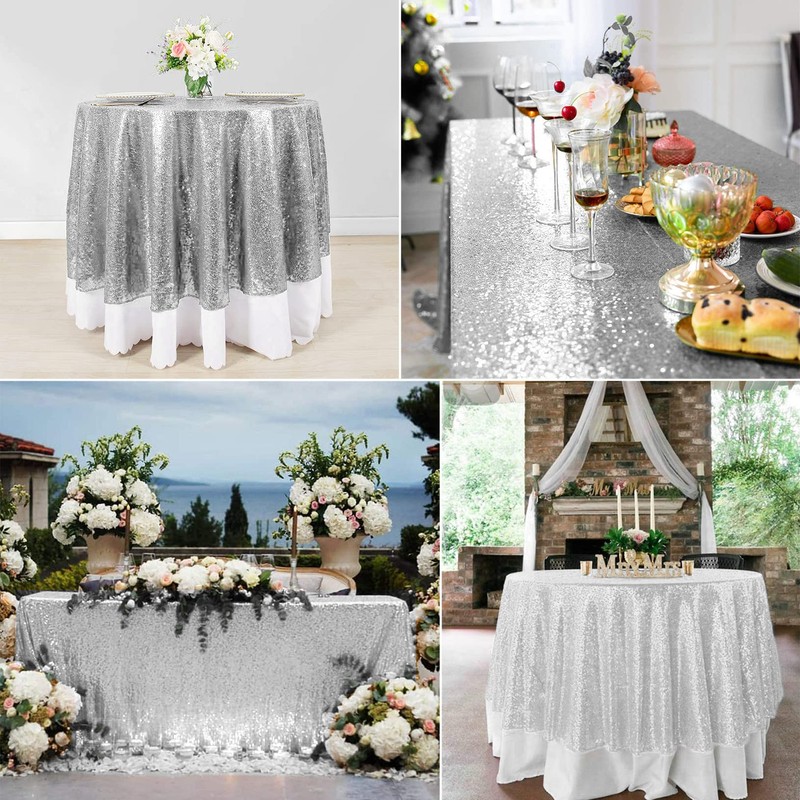 WISPET Silver Sequin Tablecloth 108" Round Sparkly Drape Table Cloths