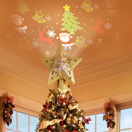 Lihiton Christmas Tree Topper Star Christmas Tree Topper Lighted with 3D Glitter Gold Star Christmas Tree Topper Plug in Christmas Projector Lights for Christmas Tree Decorations (Gold)