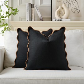 Scalloped Pillow Covers Set of 2 for Living Room | Decorative Sofa Couch Pillows | Boho Sytle Decorative Home | Aesthetic Funky Preppy Pillow Cases (Black & Brown, 18x18 Inch)