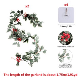Pack of 2 Artificial Red Berries Christmas Garland, Christmas Decoration Berry Garland with Green Leaves, Hanging Garlands Wreath for Winter, Holiday, Door, Fireplace, Railing, Stairs, Table