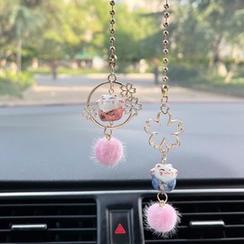 KGCGJVB Cat Rear View Mirror Accessories for Car Interior Decor Hanging Charm Japanese Cherry Blossom Dangle Charms Cute Asian Style Lucky Cats Chinese Lucky Charm Pair for Vehicle