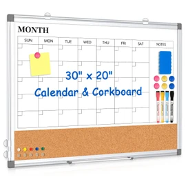 Monthly Calendar Whiteboard Dry Erase Cork Board Combo for Wall, 30" x 20" Magnetic Double-Sided Calendar White Board and Bulletin Board, Portable Board for Office, Kitchen, School, Home, Dorm