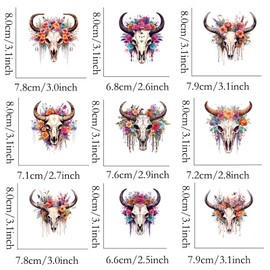 9pcs Flower Cow Skull Iron On Heat Transfer Stickers Ready to Press Vinyl Decal Patches for Jeans T-Shirt Jackets Backpacks Pillows DIY Appliques Decor