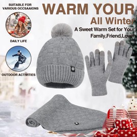 Geyanuo Winter Hat Gloves Scarf Set for Women Knitted Touchscreen Glove Long Scarves with Fleece Lined Skull Caps