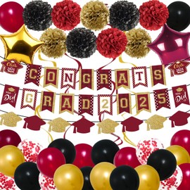 Maroon Gold Graduation Decorations 2025 - Congrats Grad Banners, Paper Pompoms, Star Foil Balloons and Hanging Swirls for 2025 Graduation Party Decoration Supplies