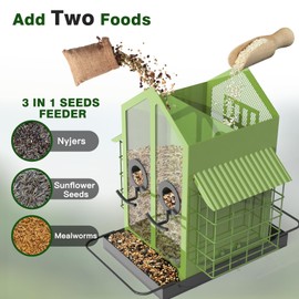FlowaFoli Bird Feeders for Outdoors, Metal Bird Feeder with Double Suet Cage Weatherproof Metal Roof, 2 in 1 Mixed Seeds Suet Feeder, 4Lbs Large Capacity, Great for Finch、Cardinal、Chickadee（Green）