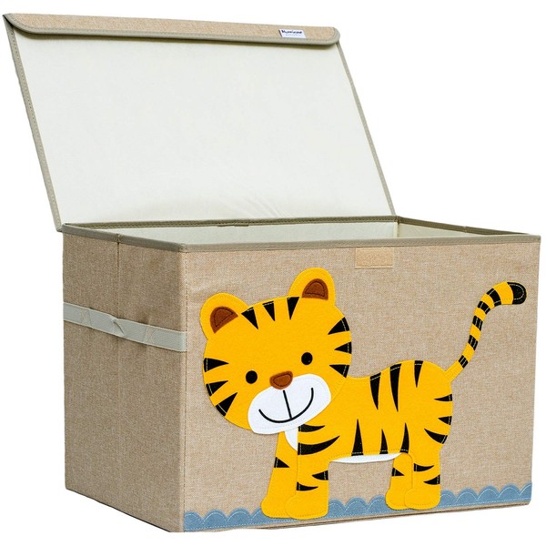 Hurricane Tots Large Toy Chest. Canvas Soft Fabric Children Toy Storage Bin Basket with Flip-top Lid. Woodland Forest Safari Toy Box for Kids, Boys, Girls, Toddler and Baby Nursery (Tiger)