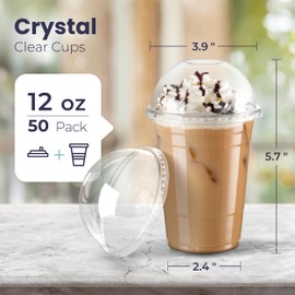 Fit Meal Prep 50 Pack 12 oz Disposable Plastic Coffee Cups with Dome Lids, To Go Iced Coffee Cups with Lids, BPA Free Clear Parfait Cups for Party, Smoothie, Bubble Boba, Juice, Frappuccino, Milkshake