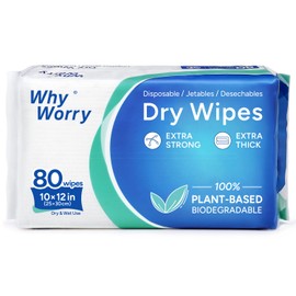 WhyWorry Disposable Dry Wipes for Adults, Extra Large 10" x 12", 80 Count