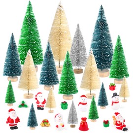 KUUQA 29 Pcs Mini Sisal Snow Frost Trees Bottle Brush Trees Mini Christmas Trees with Figures Santa Claus, Snowman, Gift Boxes Miniature Ornaments for Christmas Village Decoration SMALL SIZE TREES