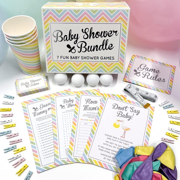 GutterGames 7 Baby Shower Games Bundle - Exciting Baby Shower Games for Icebreakers, Neutral Decorations, Favours, and Balloons - Ideal for Gender Reveal Parties and Baby Shower Ideas (7 Games)