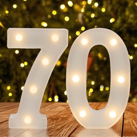Warm White LED Light Up Number 70, 70th Birthday Decor for Her Him,Table Centerpieces & Backdrop Wall Décor,Lighted Marquee Sign for 70th Wedding Anniversary Décor