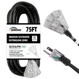 HONDERSON 3-Outlets Indoor Outdoor Extension Cord Weatherproof with Lighted End, UL Listed, 12 Gauge 75FT Black 3 Prong Heavy Duty, 12/3 SJTW 15A Power Cord