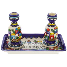 Armenian Ceramic Shabbat Candlesticks with Tray, Old City Scene