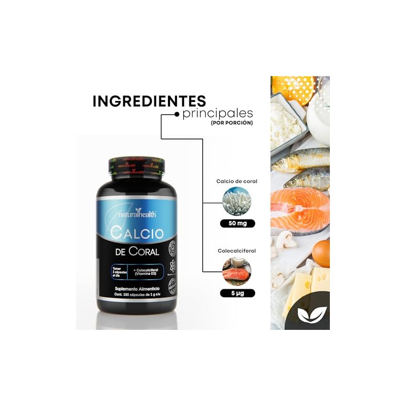 Natural Health. Calcio de Coral + Vitamina D3. Frasco con
