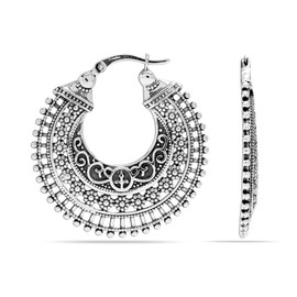 LeCalla 925 Sterling Silver Filigree Earrings Small Antique Oxidised Click Top Italian Filigree Hoop Earrings for Women, Silver, No Gemstone