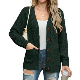 GRECERELLE Women's Knitted Cardigan, Women's V-Neck Button Placket, Open Front Sweater, Elegant Casual Autumn Winter Sweater with Buttons and Pockets, dark green