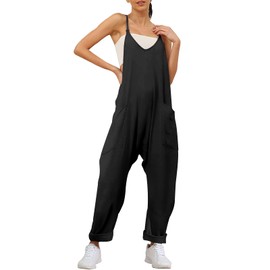Jumpsuit for Women V Neck Sleeveless Loose Stretchy Adjustable Strap Baggy Wide Leg Casual Overalls Jumpers with Pockets (CA/US, Alpha, Medium, Regular, Regular, Black)