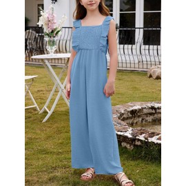 DOKOTOO KIDS Girls' Fashion Wide Leg Jumpsuit Summer Casual Square Neck Sleeveless Ruffle Trim Dressy Romper Overalls for Kids Blue 12-13 Years