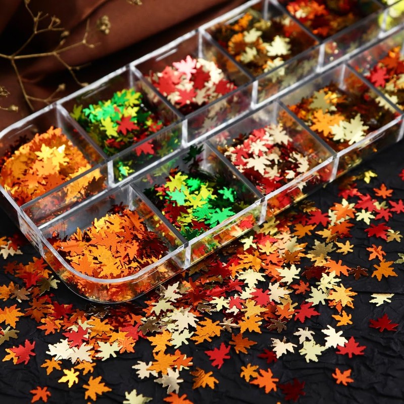 12 Grids Autumn Maple Leaf Nail Art Glitter Sequins Fall