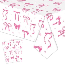 ZJHiome 2 Pack Pink and White Bow Tablecloth Coquette Birthday Decorations 54 x 108 Inch Large Size Plastic Table Cover for Girls Bow Themed Birthday Baby Shower Party Decor(White)