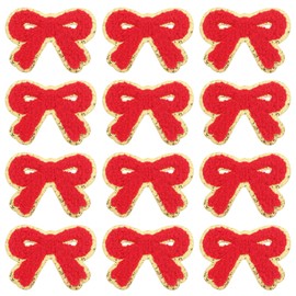 12 PCS Bow Patch Red Iron On Patches Christmas Chenille Embroidery Patches Gold Edges Self Adhesive Patches Cute Sew On Patch Stick On Embroidered Patches for Bags Applique for DIY Hats Clothes