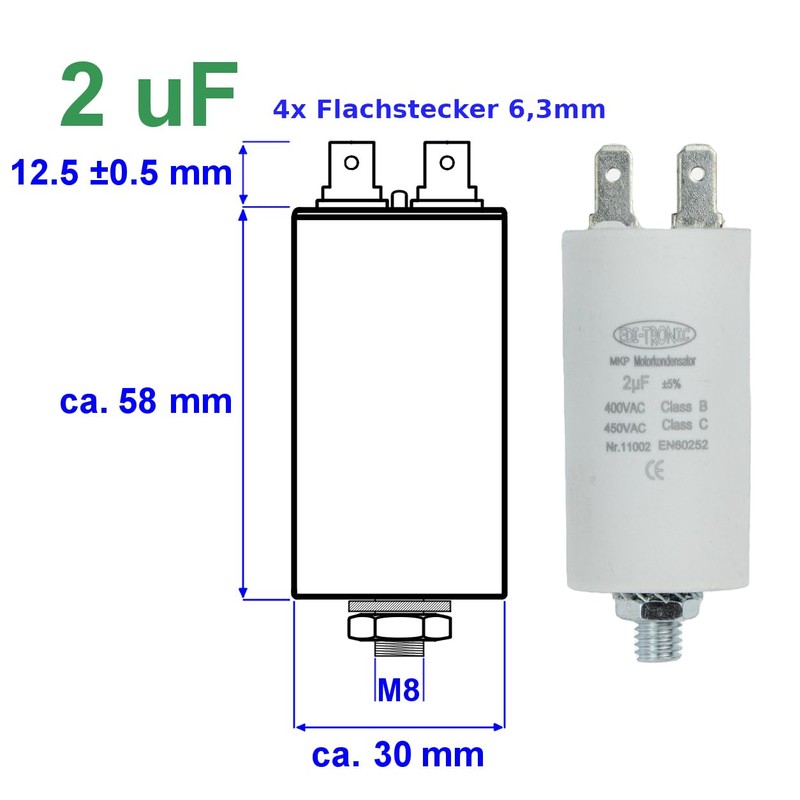 Starting Capacitor, Motor Capacitor, Working Capacitor MKP 2 μF, 450
