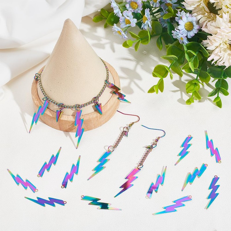 HOBBIESAY 60pcs Rainbow Color Lightning Bolt Pendants, Stainless Steel Charms