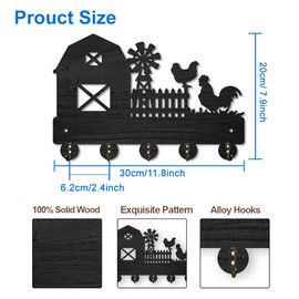MAYJOYDIY Wooden Wall Coat Rack with Rooster and Hen in Country House Style 30 x 20 cm Windmill Key Hook Black Key Holder Wall Art Decoration with 5 Alloy Hooks for Hallway Entrance Area