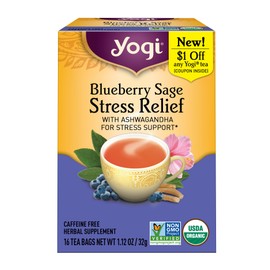 Yogi Blueberry Sage Stress Relief Organic Tea, Caffeine-Free, Vegan Friendly, Kosher, USDA Certified Organic, Non-GMO, 16 Tea Bags (Pack of 6)