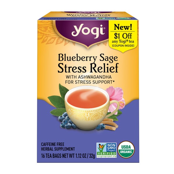 Yogi Blueberry Sage Stress Relief Organic Tea, Caffeine-Free, Vegan Friendly, Kosher, USDA Certified Organic, Non-GMO, 16 Tea Bags (Pack of 6)