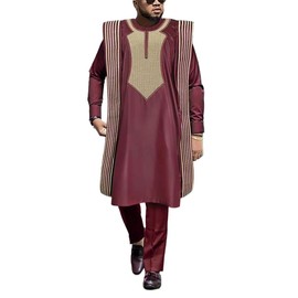 HD African Men Clothing Set Red Dashiki Embroidery Agbada Outfit Long Sleeves Top and Pants XL