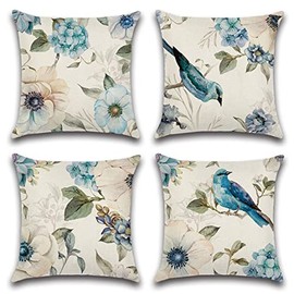 JUMUU Set of 4 Cotton-Linen Decorative Retro Butterfly Pattern Decorative Throw Pillow Covers Vintage Style Home Decorative Cushion Cover 18x18 Inch Square Cushion Cover Pillowcase for Sofa Couch Bed (Blue butterfly, 45 x 45cm)