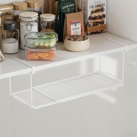 ROLIZOE Expandable Under Cabinet Organizer, Under Shelf Basket, Metal Hanging Under Desk Basket for Laundry Room, Cabinet, Shoe Bench, Closet, Paper Plate Storage (White Elevated - 2PCS)