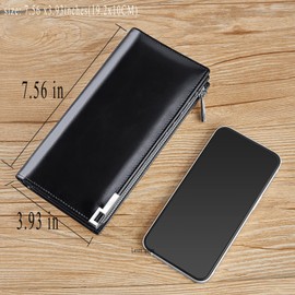 VANNANBA Long Wallet for Men with Zipper Leather Genuine Large Capacity Checkbook Clutch Purse for Travel Business Black